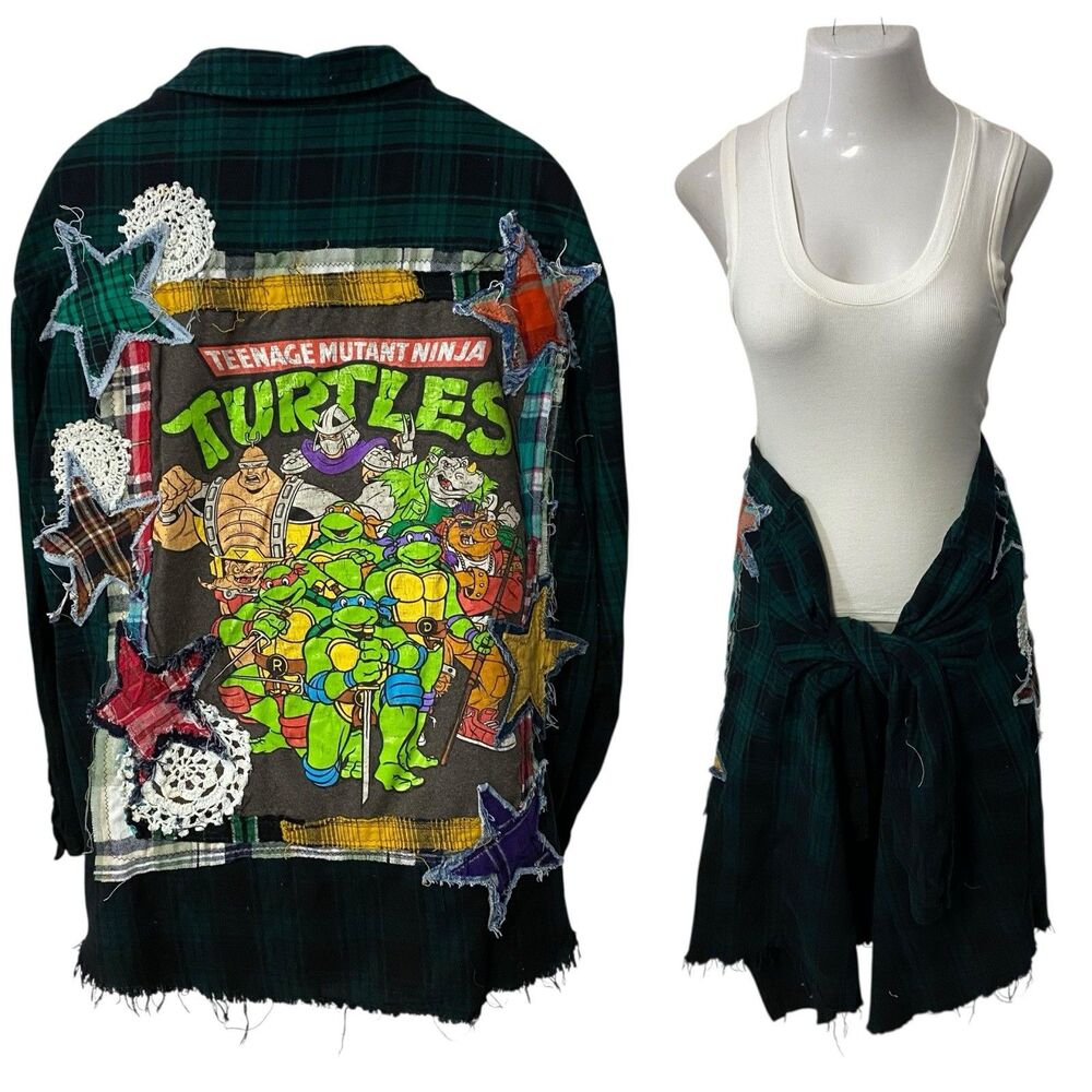 Upcycled Flannel Shirt Shacket Womens 3x Ninja Turtles Grunge Patchwork Folk Art